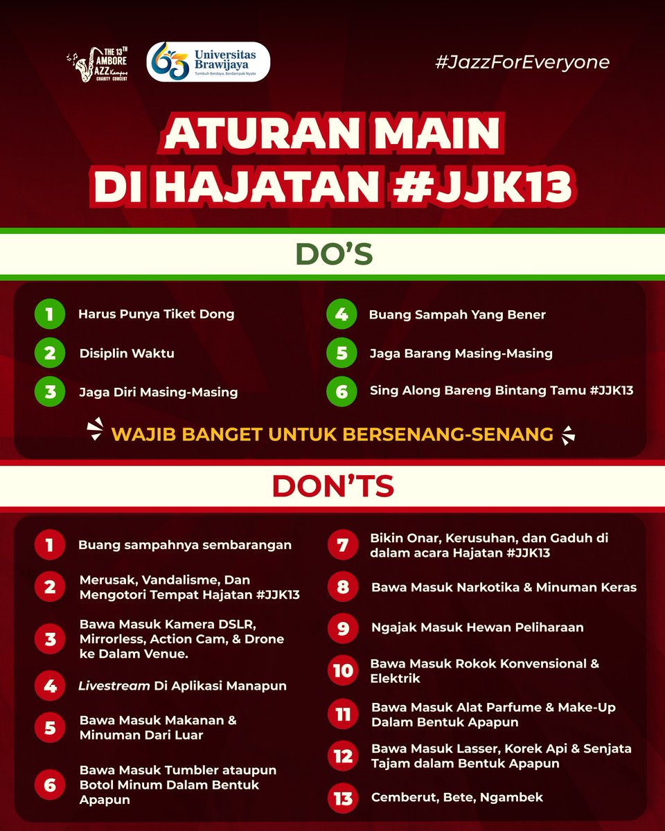 13jjk's tweet photo. 🤯 JeJeKawan! Perhatiin dulu yuk aturan pas nanti lo nanti seneng-seneng di Jambore Jazz Kampus besok! 

Diperhatiin baik-baik yakkk 👀 https://t.co/7W30wNNdho