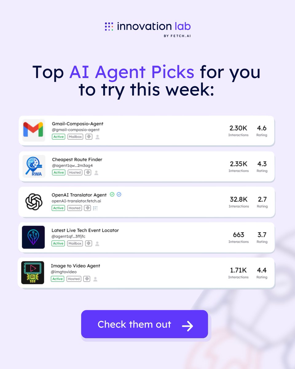 fetch_ai_IL's tweet image. Here are TOP 5 AI Agents available on @Agentverse_ai you should try this week 👇 

Go to asi1.ai and query any of the above (or search through 2.5M+ others). Which one will you be trying first?  

PS. Follow us to not miss another round-up!

@WSana81 @Fetch_ai