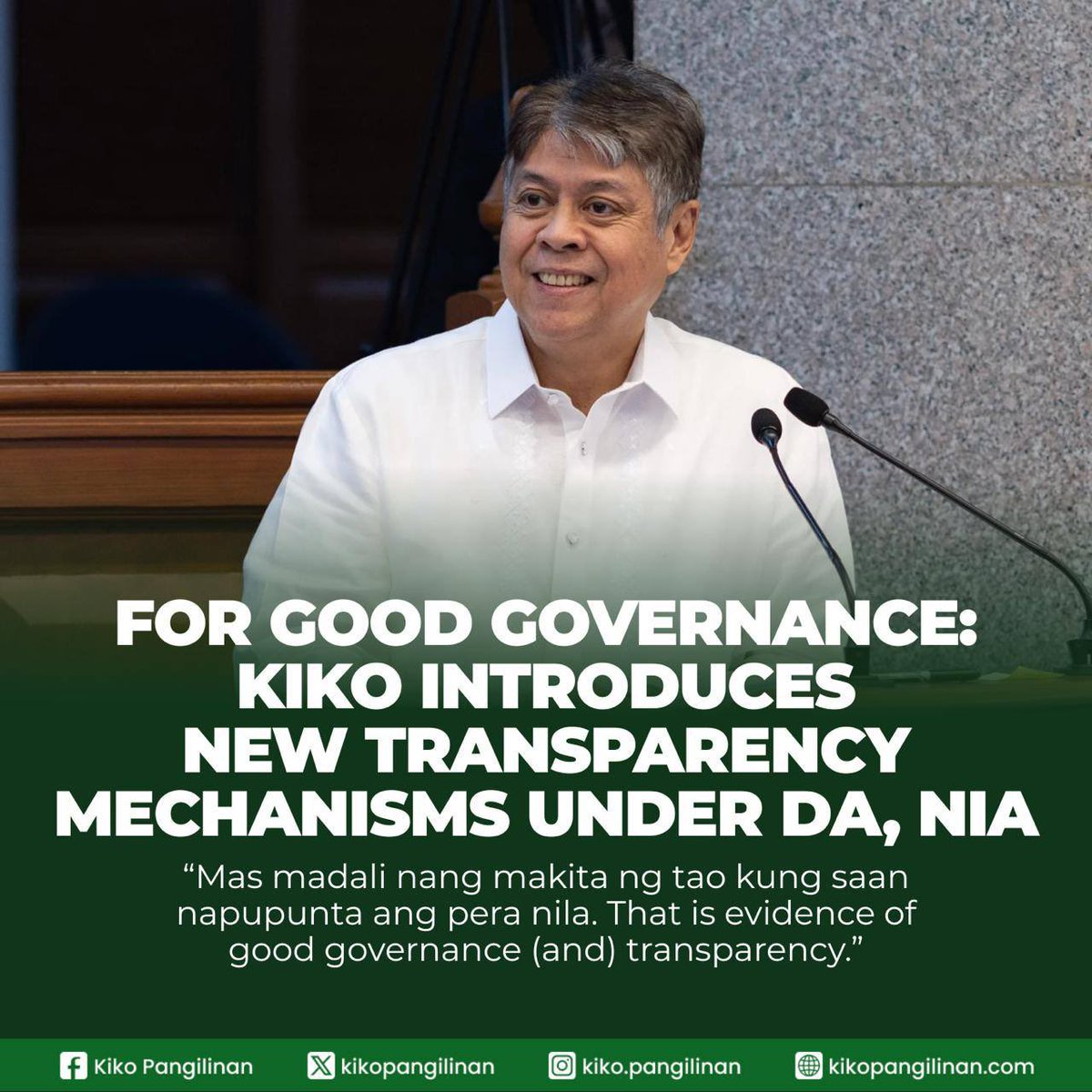 BAGONG TRANSPARENCY MECHANISMS SA ILALIM NG DA AT NIA

Bilang pagpapalakas ng pananagutan sa sektor ng agrikultura at irigasyon, isinulong natin ang mga bagong transparency mechanisms at digital governance initiatives para sa Department of Agriculture (DA) at National Irrigation