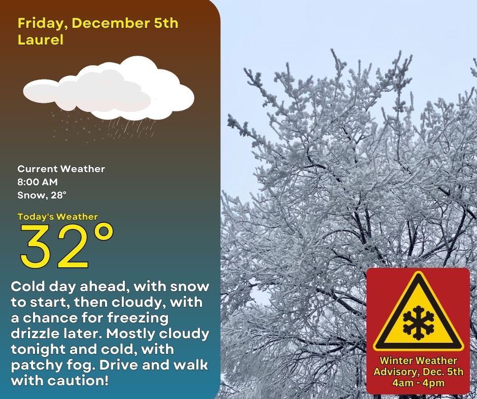 A Winter Weather Advisory in effect for Dec. 5th until 4pm. Snow to start, with accumulations near an inch. Then chance for some freezing drizzle later, so #DriveWithCaution🚧 and #WalkLikeAPenguin🐧! High near 32. Patchy fog tonight, with slippery conditions, and a low near 24.