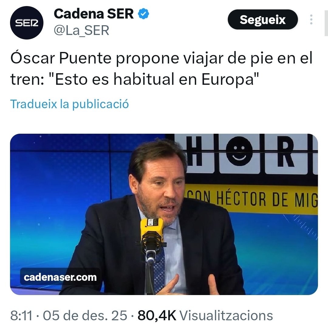 A mi me tiene bloqueado....porfa, explicadle a <a href="/oscar_puente_/">Óscar Puente</a>  que en CAT somos tan adelantados que no solo vamos de pie en el tren, también vamos a pie por la vía. cadenaser.com/nacional/2025/… via <a href="/La_SER/">Cadena SER</a>
