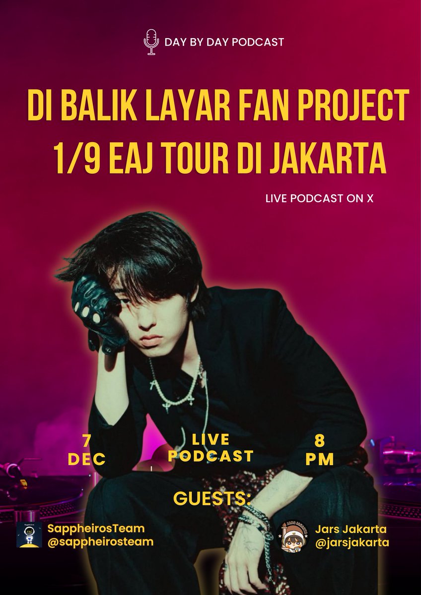 Day by Day Podcast kembali lagi dengan live Podcast bersama <a href="/sappheirosteam/">👨‍🚀 𝙎𝙖𝙥𝙥𝙝𝙚𝙞𝙧𝙤𝙨𝙏𝙚𝙖𝙢</a> <a href="/JarsJakarta/">Jars Jakarta</a>. Kali ini kita akan membahas di balik layar Fan Project 1/9 eaJ tour di Jakarta. 

Live interaction by chat, teman-teman bisa nanya langsung ke Sappheirosteam atau Jars Jakarta tentang