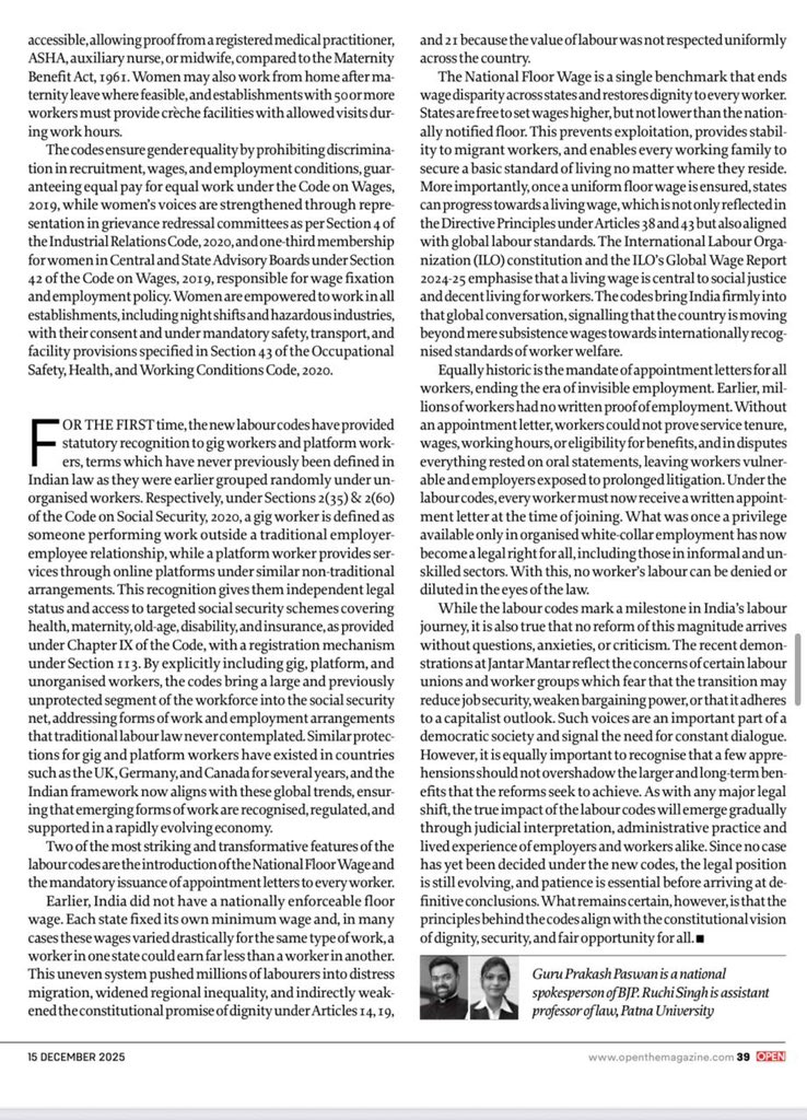 IGuruPrakash's tweet photo. Celebrating the transformative New Labour Codes — a landmark reform that balances workers’ rights with ease of doing business. A big step towards inclusive, women-friendly workplaces and faster economic growth for Aatmanirbhar Bharat.

Kudos to PM Sh. @narendramodi ji for steering Viksit Bharat 2047.

My detailed piece with Dr. Ruchi Singh (Patna University) for @Openthemag 

🔗 https://t.co/h7yasFFhSt