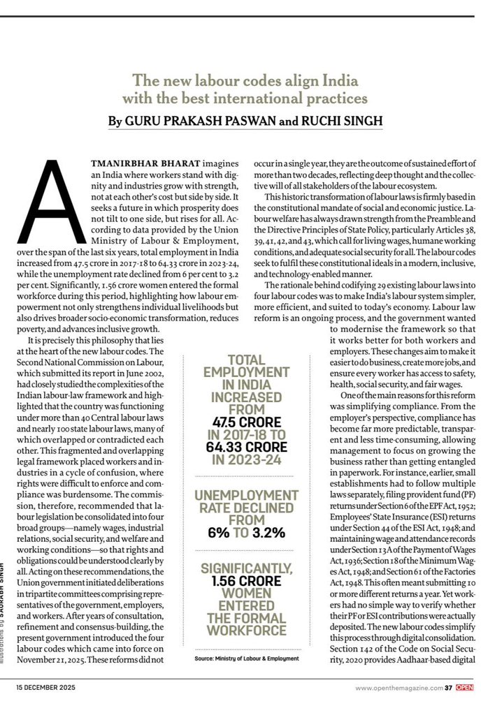 IGuruPrakash's tweet photo. Celebrating the transformative New Labour Codes — a landmark reform that balances workers’ rights with ease of doing business. A big step towards inclusive, women-friendly workplaces and faster economic growth for Aatmanirbhar Bharat.

Kudos to PM Sh. @narendramodi ji for steering Viksit Bharat 2047.

My detailed piece with Dr. Ruchi Singh (Patna University) for @Openthemag 

🔗 https://t.co/h7yasFFhSt