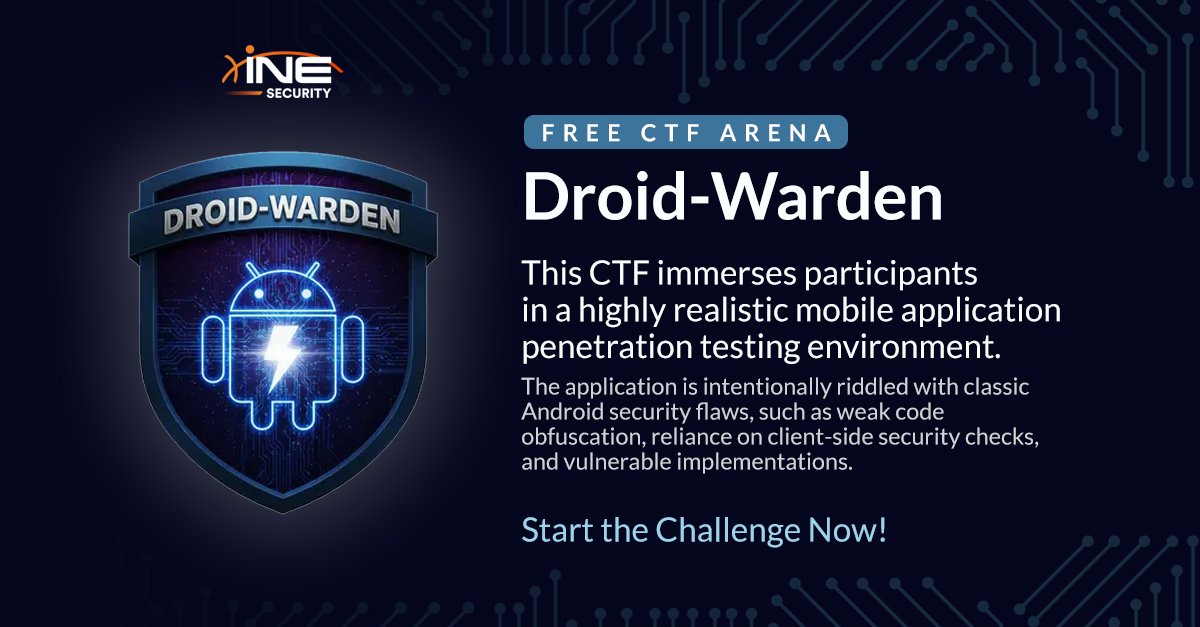 CTF Arena is live. Ready to jump in? 🔥

Now through Dec 15, tackle a realistic Android pentesting challenge packed with vulnerabilities to uncover and exploit.
It is completely free to join.

Enter the arena 👉 bit.ly/3XrVA8m

#INE #CTFArena #Pentesting #Cybersecurity