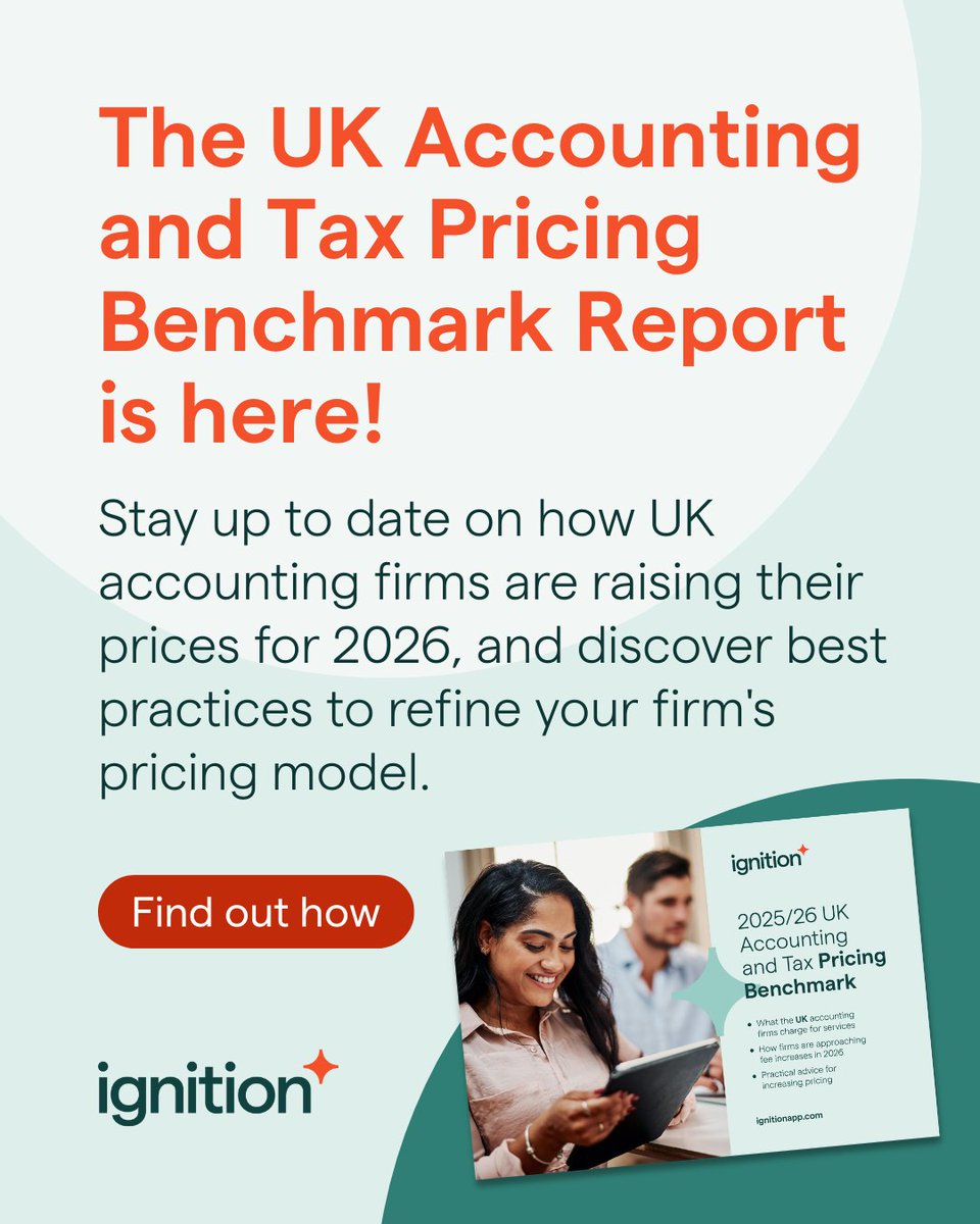ignitionapp's tweet image. 84% of UK accounting firms are planning price increases for 2026. What about yours? 👀✨ 

See how your firm compares with our 2025/2026 UK Pricing Benchmark Report, based on real industry data. 

Download the report today:  info.ignitionapp.com/2025/26-uk-acc…
#TaxTwitter #PricingStrategy