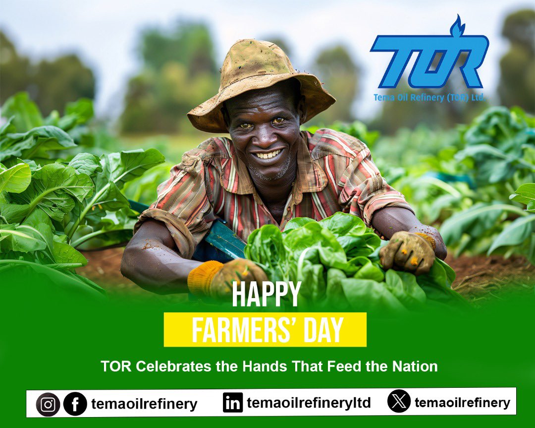 TemaOilrefinery's tweet photo. Today, we salute you.
Ayekoo to all farmers across Ghana! Powering Ghana’s Development.
TOR remains Ghana’s foremost refinery.
#FarmersDay
#Ayekoo
#GhanaAgriculture
#TORCares
#PoweringDevelopment https://t.co/a1nWQIPuDb