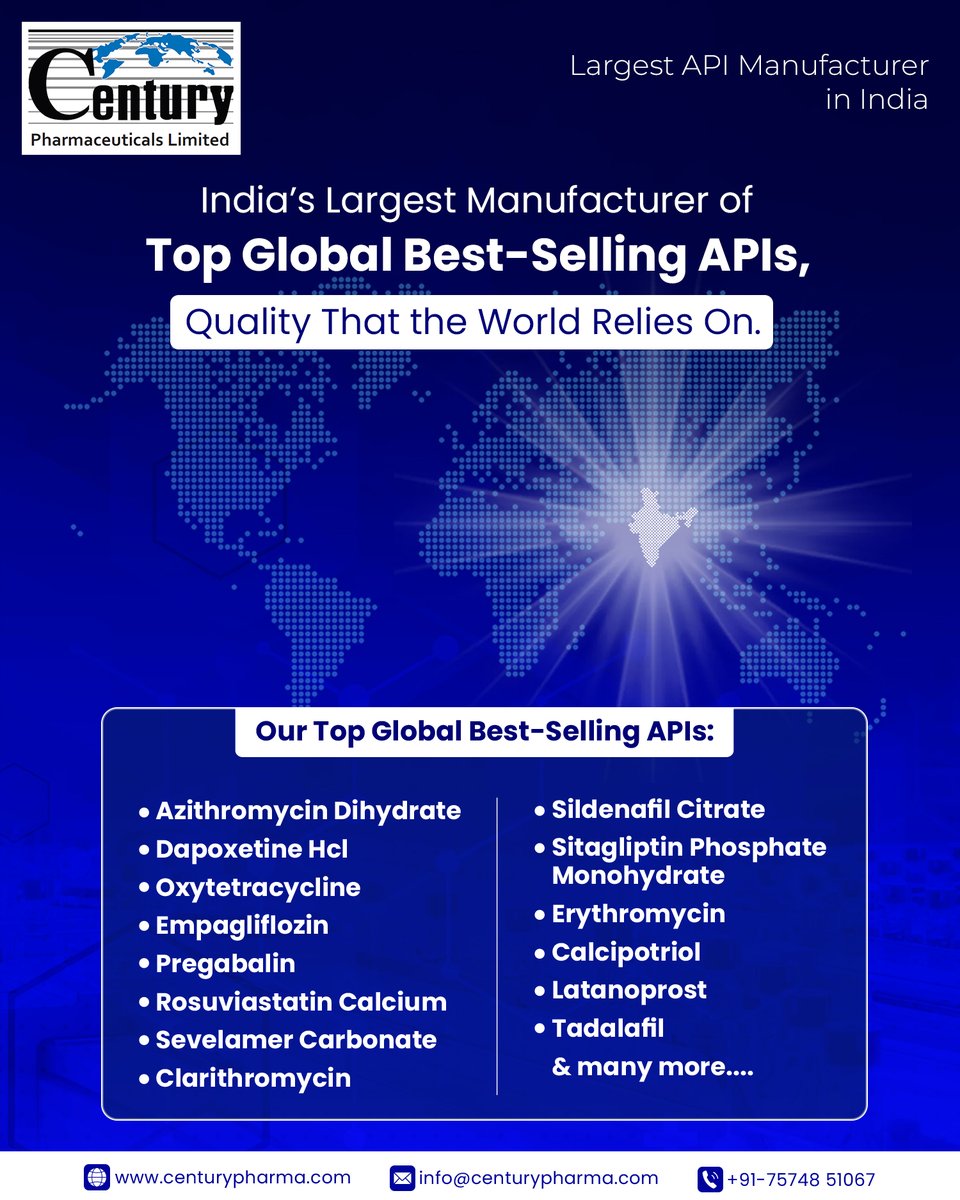 CenturyPharma_'s tweet image. India’s largest API manufacturer, delivering top global best-selling APIs with unmatched quality that the world relies on.
📞 +91 75748 51067
📧 info@centurypharma.com
🌐 centurypharma.com

#APImanufacturing #PharmaAPI #APIManufacturer #LargestAPIManufacturer #PharmaAPI