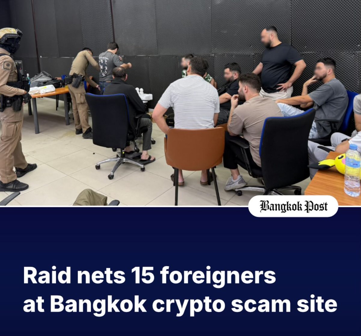 zacxbt's tweet image. Bangkok cops raided a “warehouse” and found 15 foreigners (azerbaijan, georgia, ukraine) running a fake crypto trading site

Stay safe out there

Source: @BangkokPostNews