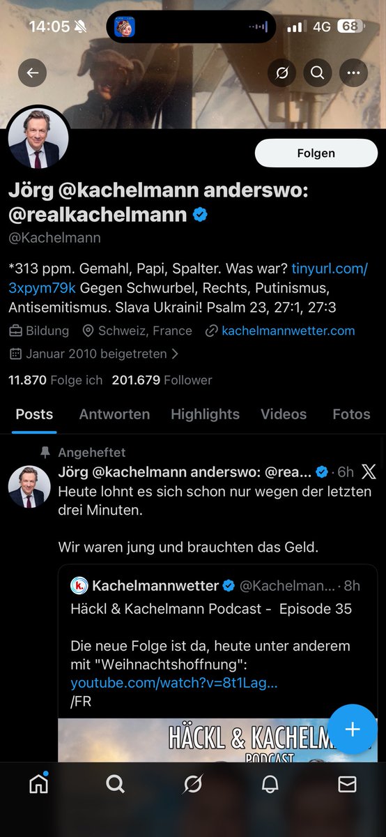 Habs geschafft. Anstatt "gegen Schwurbel" zu sein, wie <a href="/Kachelmann/">Jörg @kachelmann anderswo: @realkachelmann</a> von sich selbst behauptet, verbreitet er Hetze und kranken Schwurbel selbst. Spricht man  aber die Wahrheit an, dann wird man also blockiert. Das zeigt die nervliche Schwäche von gewissen linken 🤣🤣