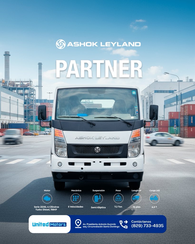 El Ashok Leyland Partner combina desempeño, eficiencia y una ingeniería diseñada para responder a las exigencias del trabajo diario.

📞 Contáctanos: (829) 733-4935

#AshokLeyland #Partner #UnitedMotors

<a href="/juantomasdiazi/">Juan Tomás Díaz</a> <a href="/narendramodi/">Narendra Modi</a> <a href="/IndiainDR/">India in Dominican Republic & Haiti</a> <a href="/RDenIndia/">Dominican Embassy in India</a> <a href="/FRCOMPRESH/">Francisco Comprés H.</a>
