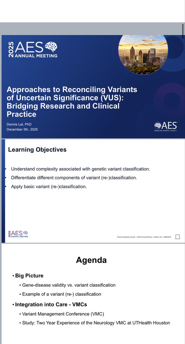 LalDennis's tweet photo. Today #AES2025. I particular proud to present on genetic test interpretation. Resolving #VUS and our experience of embedding a multidisciplinary’ Variant Management Conference (VMC)’ into a large healthcare system. https://t.co/Js3fkz70Pi