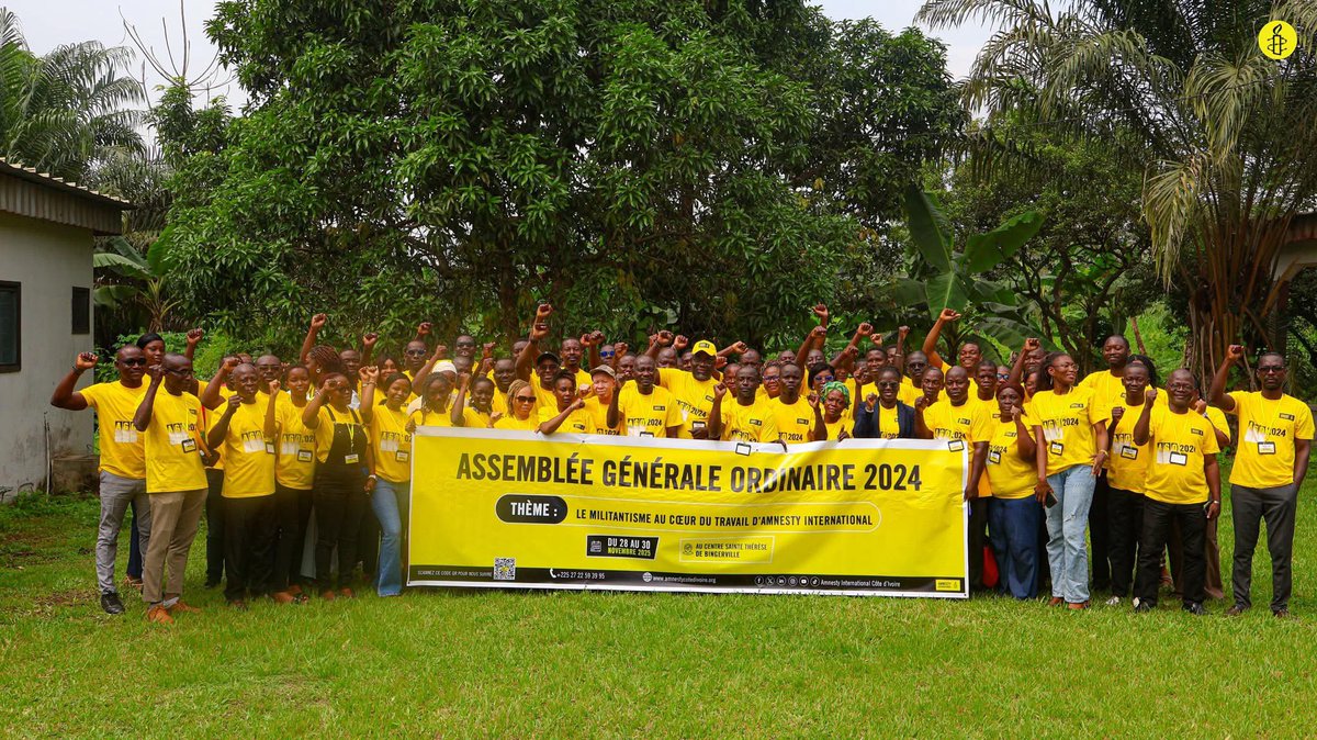 🟡𝗔𝗦𝗦𝗘𝗠𝗕𝗟𝗘́𝗘 𝗚𝗘́𝗡𝗘́𝗥𝗔𝗟𝗘 𝗢𝗥𝗗𝗜𝗡𝗔𝗜𝗥𝗘

Amnesty International Côte d’Ivoire a tenu son Assemblée Générale Ordinaire 2024 du 28 au 30 novembre 2025 au Centre Sainte Thérèse de Bingerville. Cet exercice statutaire a rassemblé une soixantaine délégués,