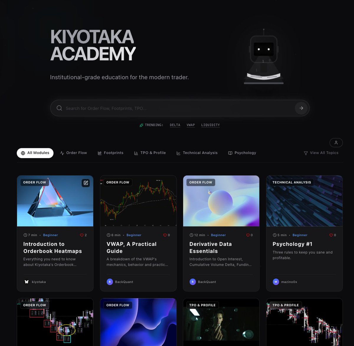 Advanced tools are useless if you don’t understand the data. So today, we launched Kiyotaka Academy.

A 100% free, community-sourced playbook to learn about everything, from liquidity, footprints, to your own psychology. 

All written by traders who use these tools every day.