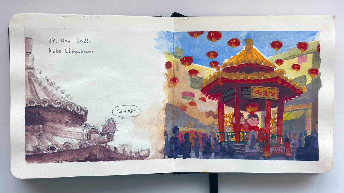 ODDSaENDS's tweet photo. 南京町のスケッチに少し加筆🎨
あの日のにぎわいと、めちゃ寒かった思い出描き足してます🐦
#sketch #gouache #不透明水彩 #スケッチ

https://t.co/UIxl3yMS31 https://t.co/3T4RRgAwKK