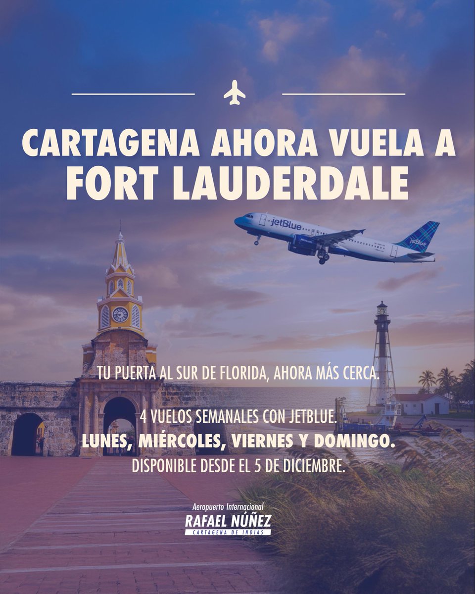 ✨ ¡Cartagena, prepárate para volar más cerca del sol! ✈️🔥
Fort Lauderdale ahora está a un vuelo de distancia con <a href="/JetBlue/">JetBlue</a> 

🌴 Vive el sur de Florida con 4 vuelos semanales:
Lunes – Miércoles – Viernes – Domingo

🛫 Disponible desde el 5 de diciembre.