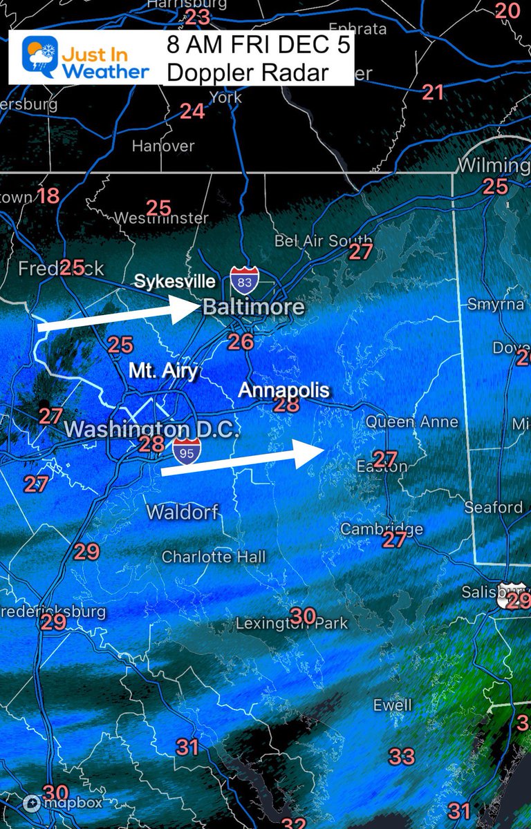 JustinWeather's tweet image. Got stickage?
📡 ❄️ 8 AM Fri Dec 5 Doppler Radar showing light snow across Maryland with a moderate band near Rt 50 as expected. 
📷 MANY photos across the region showing snow laying and staying on the ground. 

🧐 If you have a fresh report please share 

🚜 🧂 How are the…