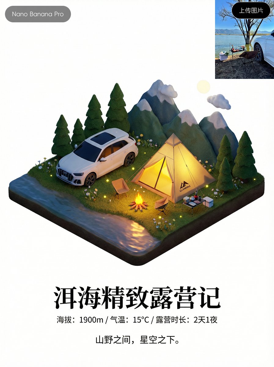 Exibição de dados de acampamento e prompts de caracteres da versão Q:
Tarefa: Criação de pôster, relato de acampamento