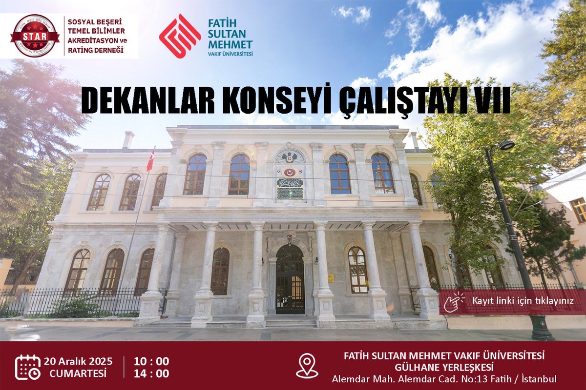 Siz kıymetli dekanlarımızın katılımıyla, 20 Aralık 2025 Cumartesi günü 10:00–14:00 saatleri arasında Fatih Sultan Mehmet Vakıf Üniversitesi Gülhane Yerleşkesi’nde Dekanlar Konseyi Çalıştayı gerçekleştirilecektir.
