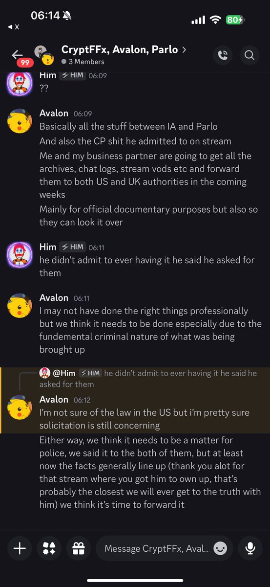 Avalon says he and his business partner are reporting IA to the UK and American police💀 (to be clear what he’s referring to with CP is wolfgang asking for nudes in a relationship he was in when he was 19 and the partner was 17)