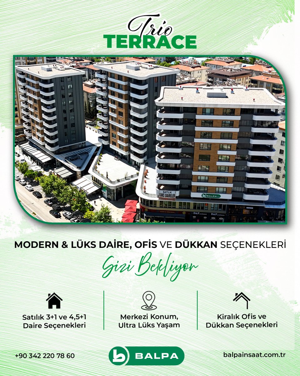 Trio Terrace evinizi muhteşem bir lokasyona taşıma imkanı sunduğu gibi ayrıca proje içerisinde yer alan kiralık ofis ve dükkan seçenekleriyle işinizi de prestijli bir konuma taşımanızı sağlayacak.

#balpainsaat #trioterrace #gaziantepkonut #lükskonut #gaziantepdaire