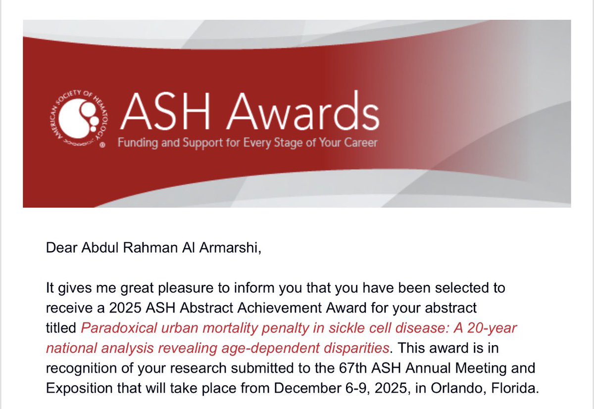 Aboude_Armashi's tweet photo. Honored to receive a 2025 @ASH_hematology 
ASH Achievement Award 🏅

Poster: “Paradoxical urban mortality penalty in sickle cell disease” 📊

Grateful to my mentors and team at @UHhospitals @CWRUSOM @caseccc  @cwruhemeonc 

Excited to present in Orlando at #ASH25 ❤️ https://t.co/BeQzQTeCGZ