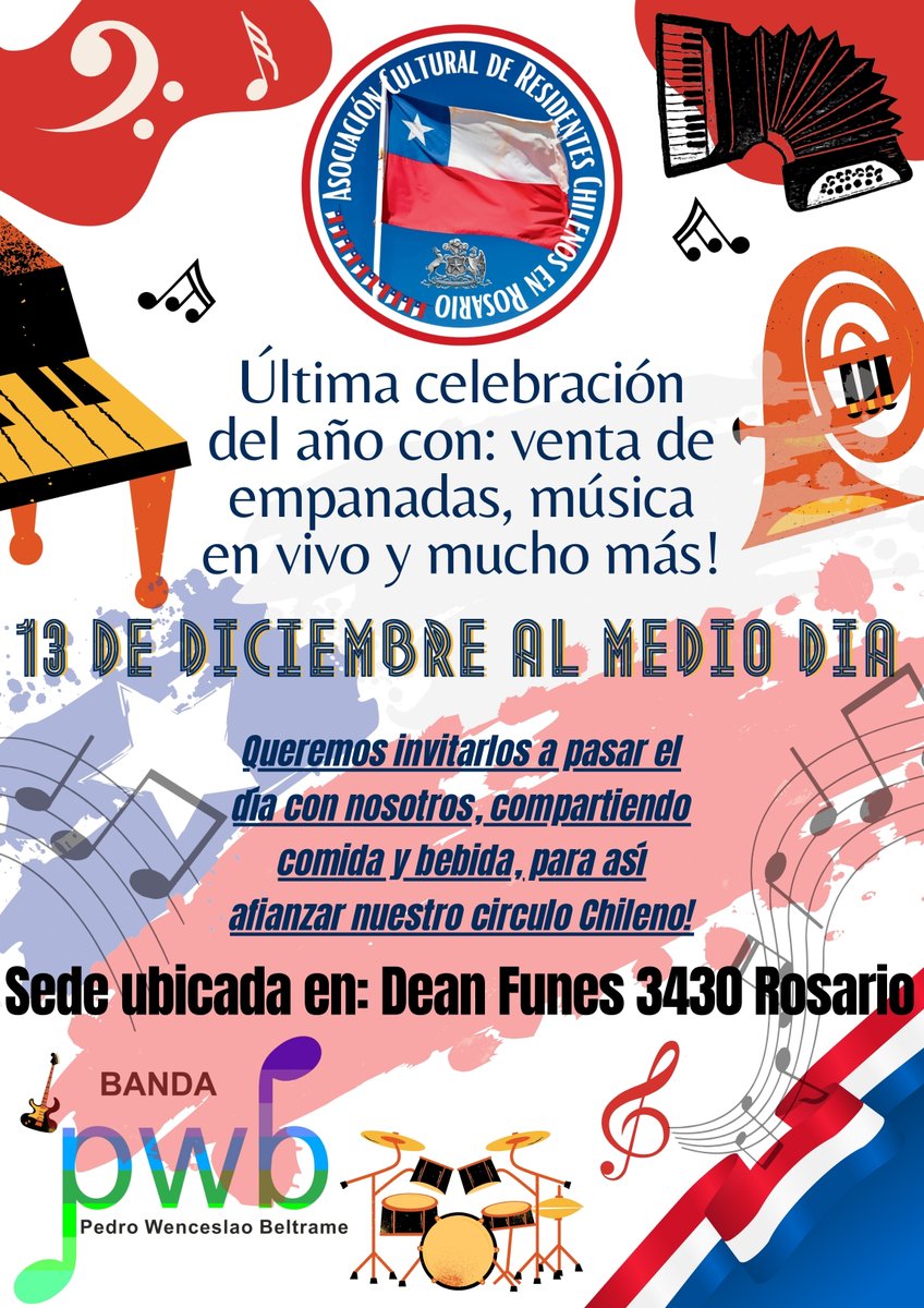 La Asociacion Cultural de Chilenos Residentes en Rosario invita a una celebración de fin de año, a realizarse el sábado 13 de diciembre, a partir de las 12.00 en Dean Funes 3430.

Mayores informaciones al correo asociacionchilenosrosario@gmail.com 

Los esperamos