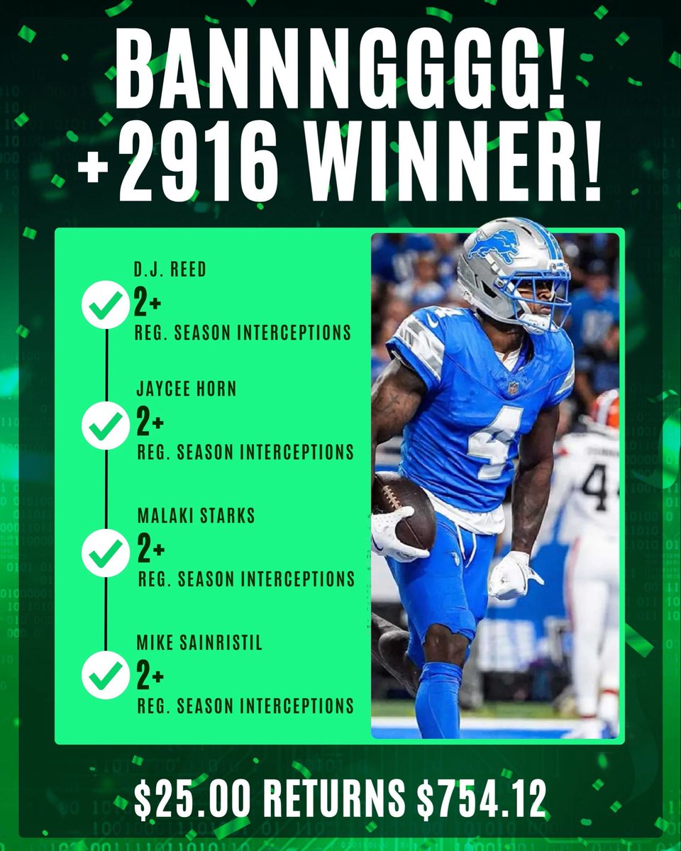 💥 BAAAANNGGGGG! 💥

Cash the +3000 Interceptions future!

Hit that ❤️ if you tailed!

DJ Reed with the late pick! What a W!