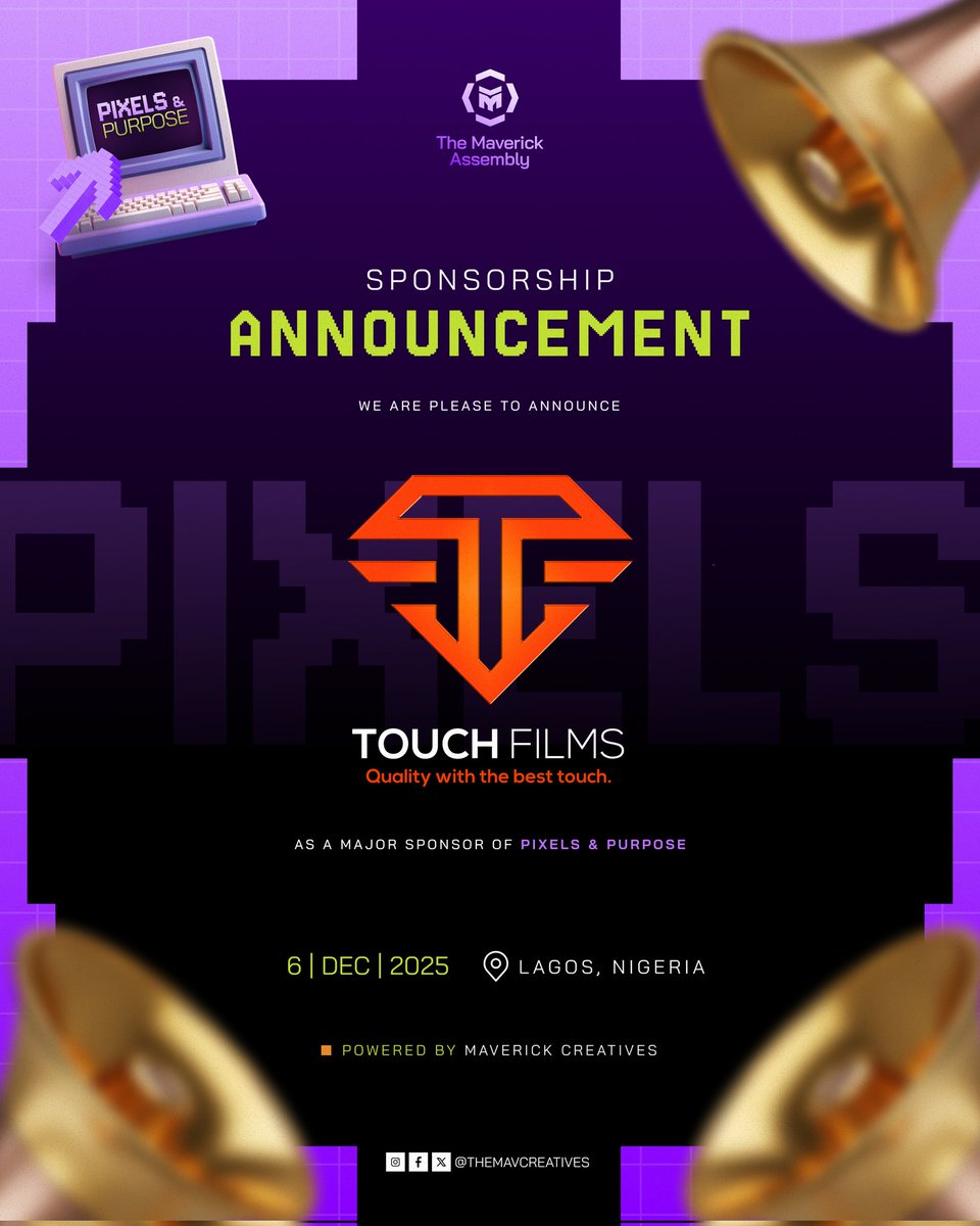 Big Announcement 
Touch Films is officially a major sponsor for Pixels &amp; Purpose 2025, and We are excited to have a brand that stands for quality join us on this creative journey
Creatives, brace yourselves. The experience just got upgraded.
#pixelsandpurpose #themaverickassembly