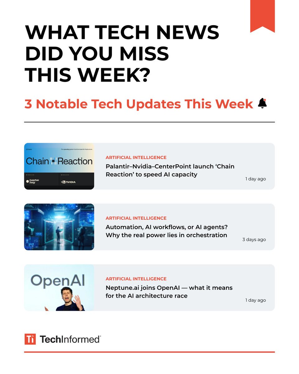 TechInformed's tweet image. If you only follow one AI roundup this week, make it this one 👇 

3 stories that signal what’s next for AI capacity, architecture, and orchestration.

🔗 lnkd.in/dZU4Xxhm

#ArtificialIntelligence #TechNews  #AIMarketTrends
