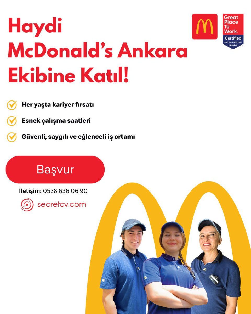 secretcvcom's tweet photo. McDonald’s ailesinde yer almak ve dinamik bir ekip kültürünün parçası olmak isteyenler için yeni fırsatlar Secretcv’de yayında! Enerjisi yüksek bir çalışma ortamı ve güçlü bir marka deneyimi seni bekliyor.

Hemen başvurmak için https://t.co/IyA0RMft2N’a tıklamayı unutmayın! https://t.co/kLXqATLlSi