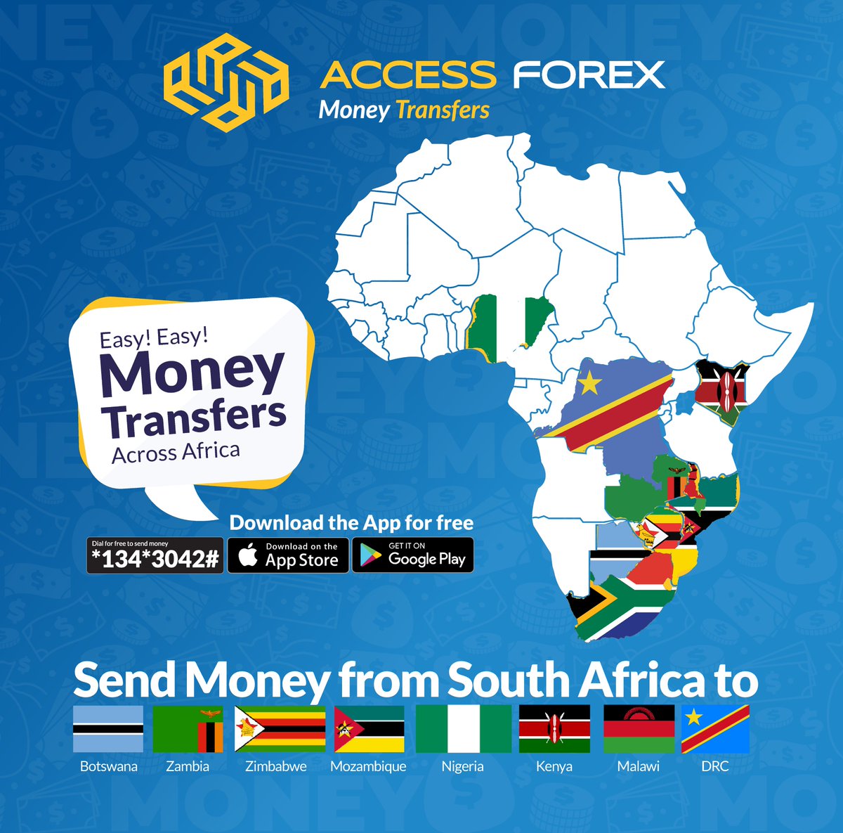 Send money from South Africa to Zimbabwe, Botswana, Zambia, Mozambique, Nigeria, Kenya, Malawi &amp; DRC using Access Forex this festive season. Download the app here to start sending app.accessforex.com