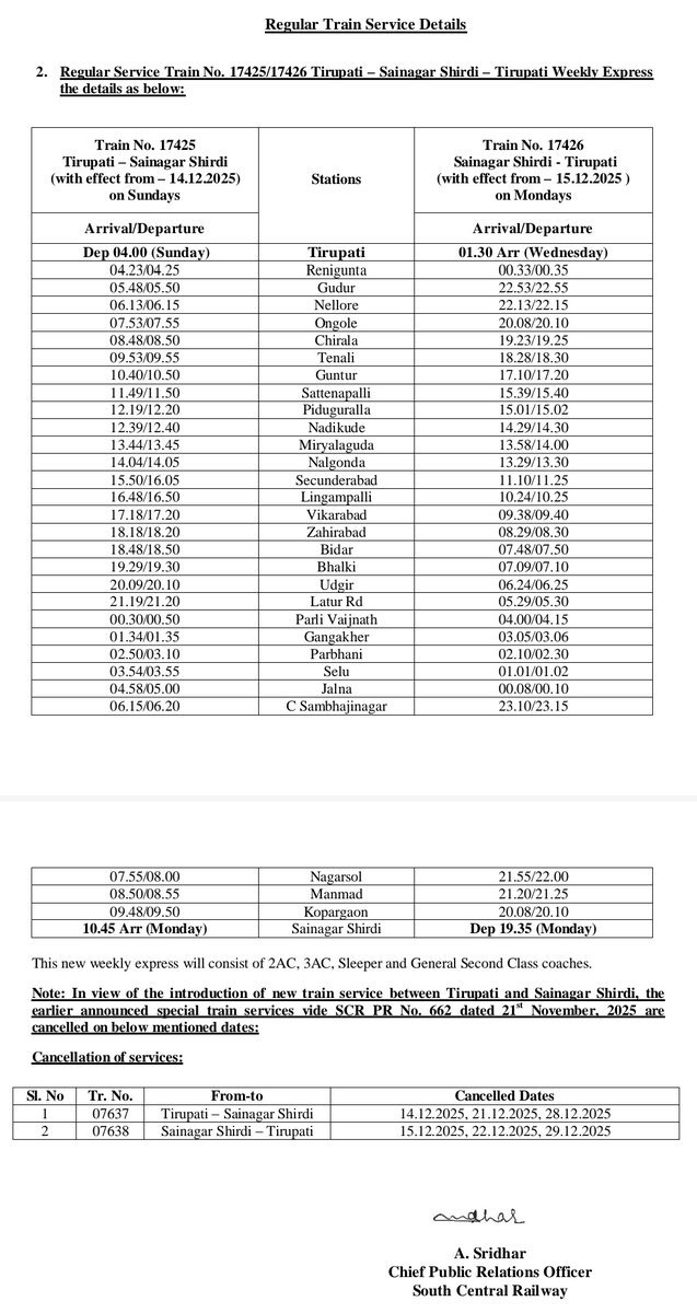 Introduction of New Weekly Train Service between #Tirupati – #SainagarShirdi - Tirupati Express 

<a href="/drmgtl/">DRM Guntakal</a> <a href="/drmgnt/">DRM Guntur</a> <a href="/drmsecunderabad/">DRM Secunderabad</a> <a href="/drmvijayawada/">DRM Vijayawada</a> <a href="/drmned/">DRM Nanded</a> <a href="/drmvijayawada/">DRM Vijayawada</a>