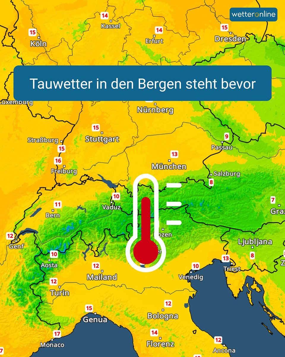 WetterOnline's tweet photo. Sehr milde Woche in den Alpen: Regen bis 2500 m, Nullgradgrenze steigt auf 3000–3500 m. Deutliche Schneeschmelze – auch in Mittelgebirgen und Pyrenäen 🌡️❄️.
Mehr dazu im Artikel!
👉 https://t.co/Xpf0EivCwA
#Wetter #Alpen #Schnee #Warmfront https://t.co/vXPNQTgbqO