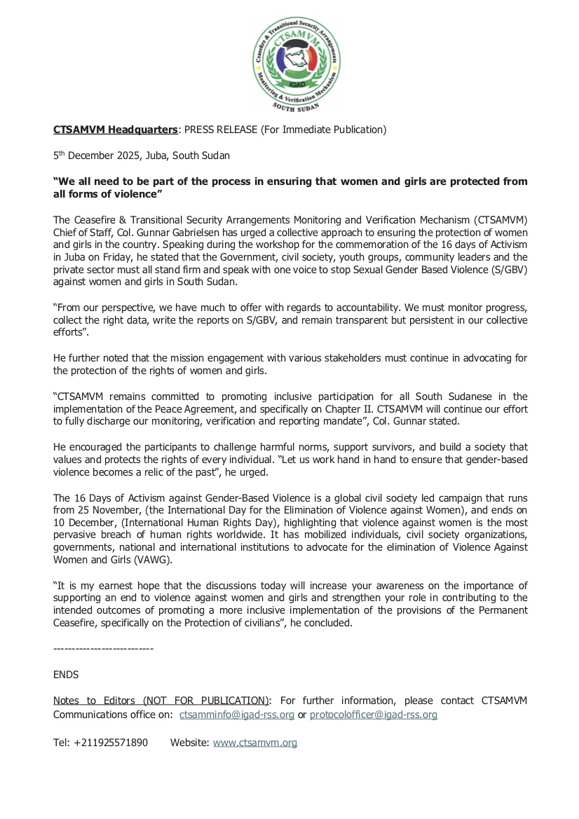 CTSAMM_SSudan's tweet photo. Article 2.1.10.3 of the R-ARCSS is clear: Sexual Gender-Based Violence is prohibited. This #16Days, we call for respect and implementation. #EndGBV #SouthSudan https://t.co/RaZUMnXmwZ