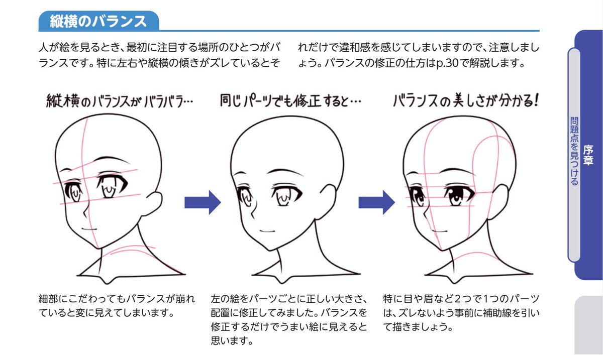 🔴『上手い絵はバランスが上手い』
ダテの技法書「90日間で変わる画力向上講座」より。
どんなに頑張ってパーツを描いてもバランスが悪いと上手くは見えません。
画像の各パーツは全て同じ物を使用していますが、バランスやサイズが違うと下手に見えてしまいます。