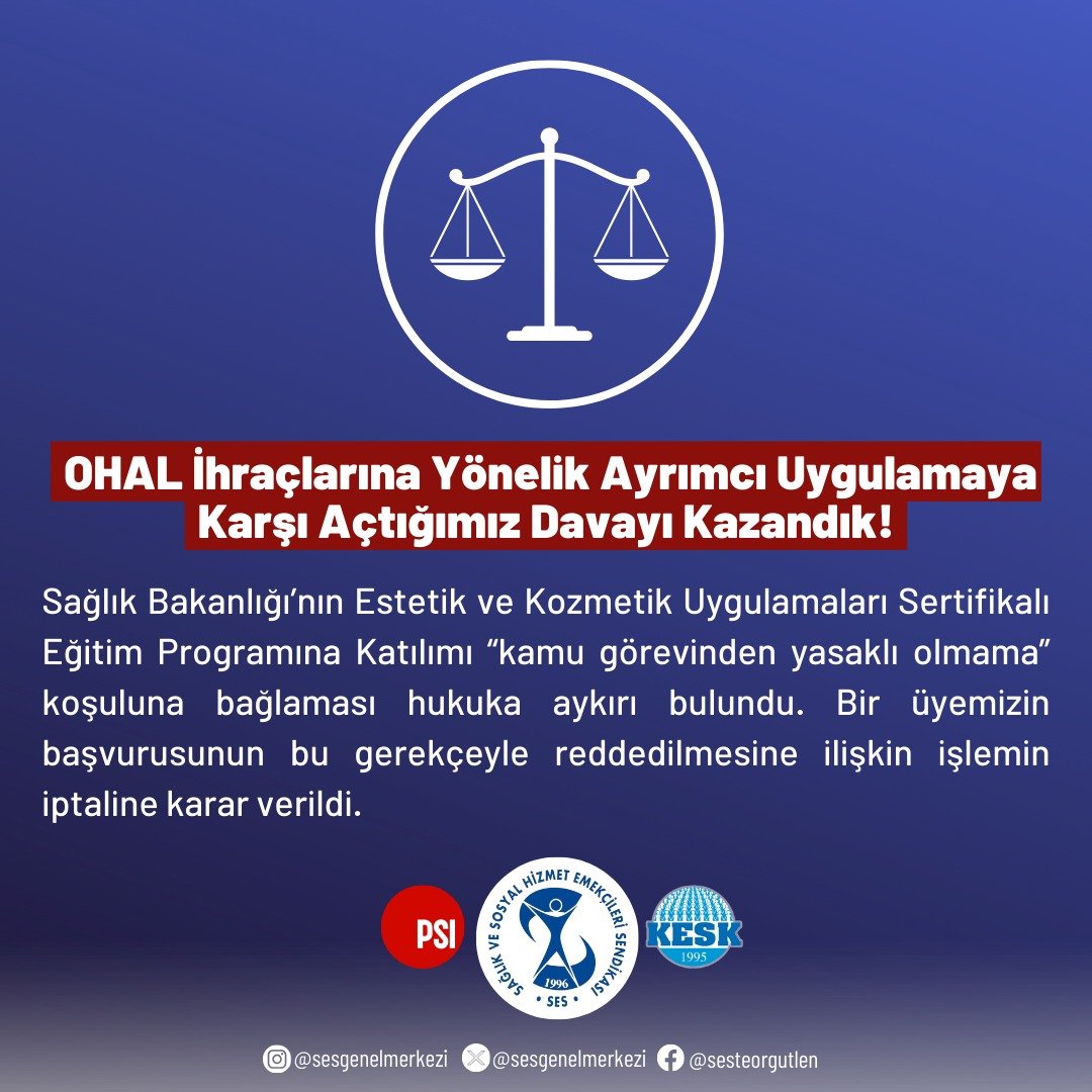 Ohal ihraçlarına yönelik ayrımcı uygulamaya karşı açtığımız davayı kazandık!

Sağlık Bakanlığı’nın estetik ve kozmetik uygulamaları sertifikalı eğitim programına katılımı “kamu görevinden yasaklı olmama” koşuluna bağlaması hukuka aykırı bulundu.

ses.org.tr/law-detail/oha…