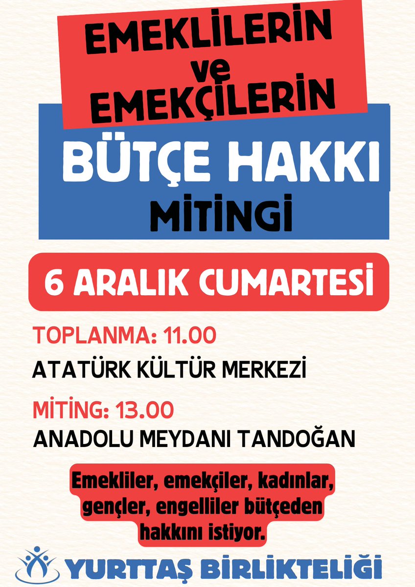 Haydi Türkiye ;
İktidarından muhalefetine Emekli ve Emekçiler olarak diyeceklerimiz var.

Emekli ve Emekçiler Dernekleri Federasyonu olarak orada olacağız.

Sen varsan da bir fazla olacağız.
<a href="/EmedFederasyonu/">Emekli ve Emekçiler Dernekleri Federasyonu</a>
<a href="/YurttasBirligi/">Yurttaş Birlikteliği</a>