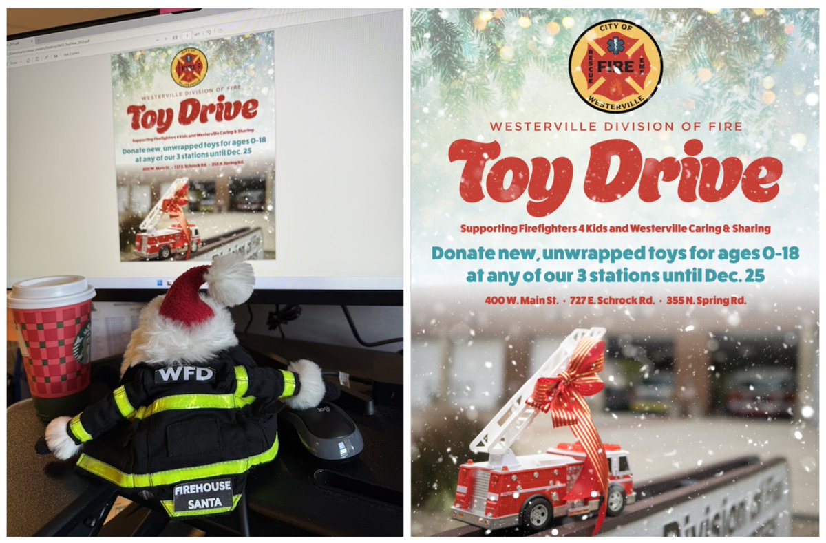 WestervilleFire's tweet photo. Happy Friday! Did you hear? All three of our Stations are collecting toys! Firehouse Santa has been busy working on our flyer &amp; we've already received some generous donations! #WFDFunFactFriday #HoHoHoWhereWillHeGo #FirehouseSanta https://t.co/ycQU6pyd7K