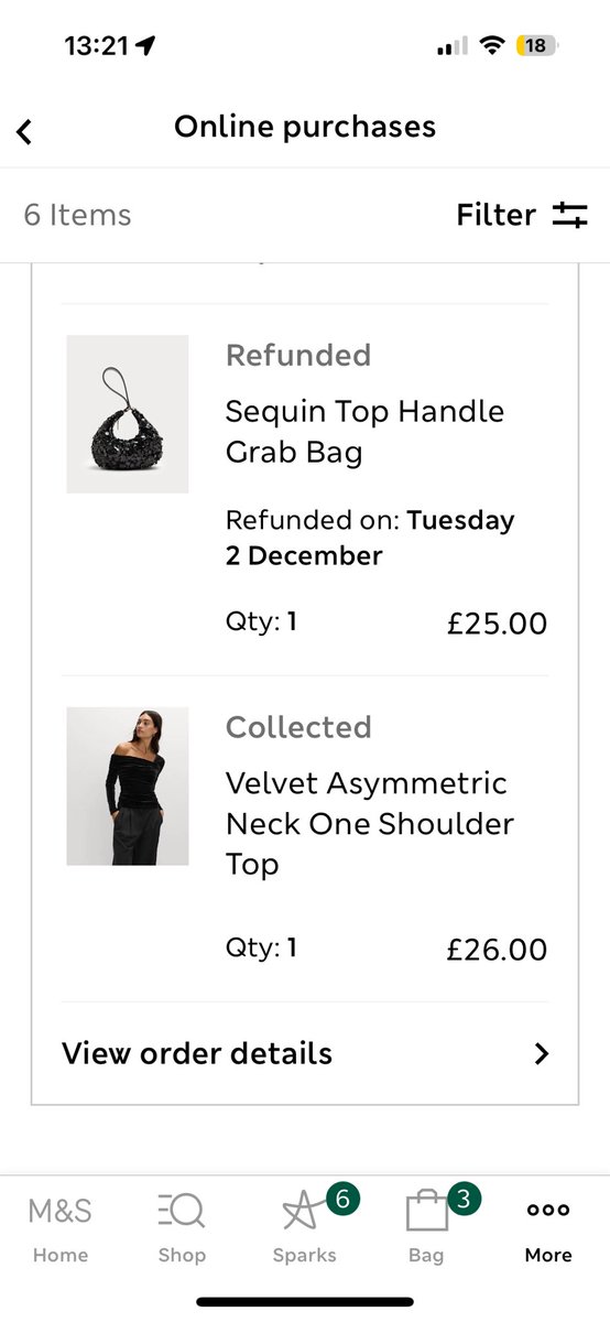 Hi <a href="/marksandspencer/">M&S</a> I returned these two items to the drop off at my local food store on Monday, I’m confused as to why only one has been refunded? I’ve had no confirmation the top has been returned, and getting concerned I won’t receive my refund