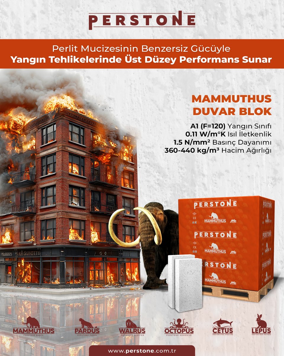 Perstone Mammuthus Duvar Blok, perlit esaslı yapısı sayesinde yüksek ısı yalıtımı, üstün dayanım ve A1 sınıfı yangın güvenliği sunar. Perlitten aldığı güç ile yangın gibi risklere karşı yüksek direnç ve dayanıklılık sağlar. 

#perstone #inper #perlit #yalıtımmalzemeleri
