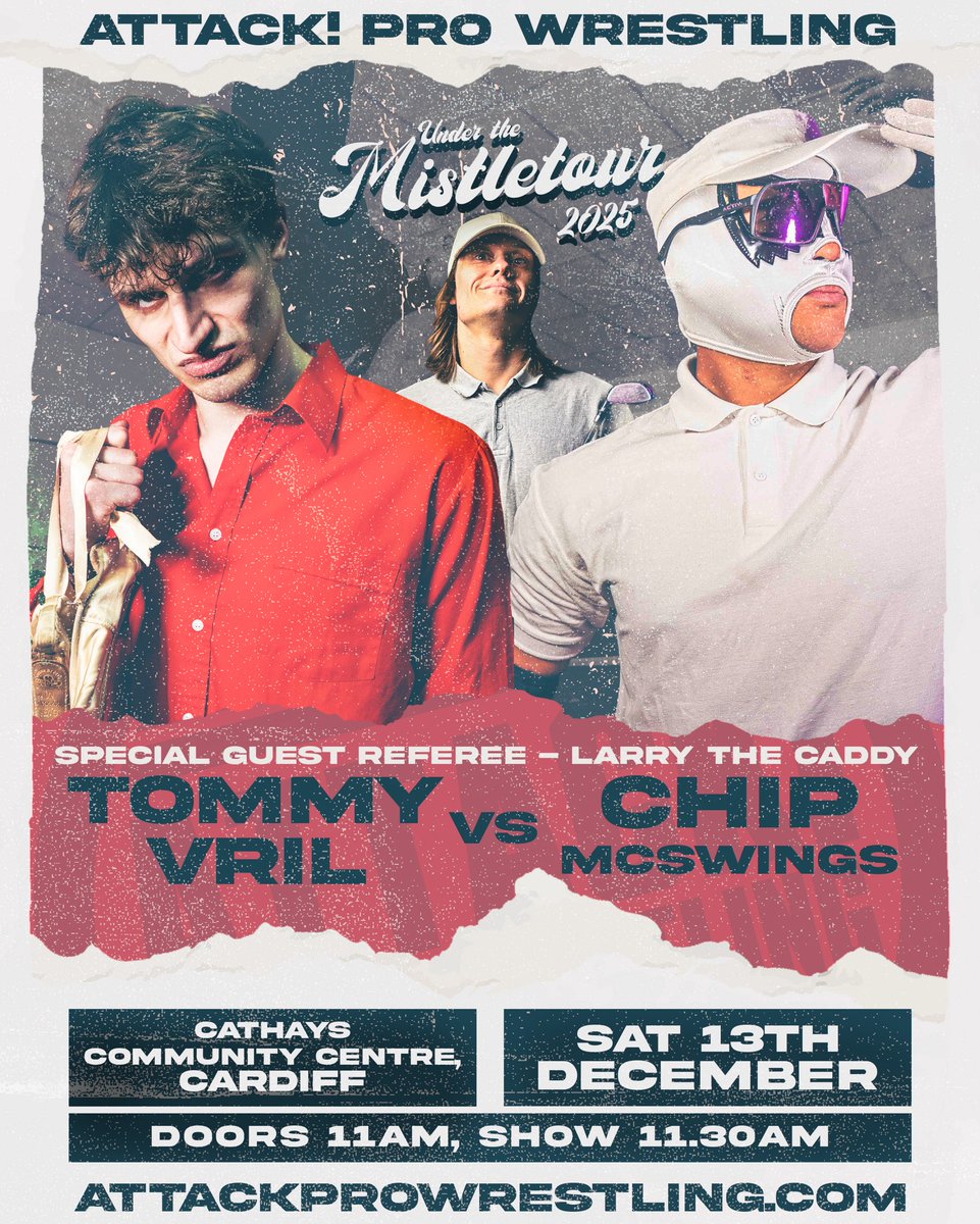 ATTACKWrestling's tweet photo. 🎄MISTLETOUR DAY THREE 🎄

🩰 vs 🏌️

After more than a year in @ChipMcSwings shadow @tommy_vril is BORN TO DANCE when they go one on one in Cardiff on Dec 13th!

This time loyalties are on the line with SPECIAL REFEREE LARRY THE CADDY!

20 tickets left👇
https://t.co/HJTG58TxaE https://t.co/1ar2Z1fkoP