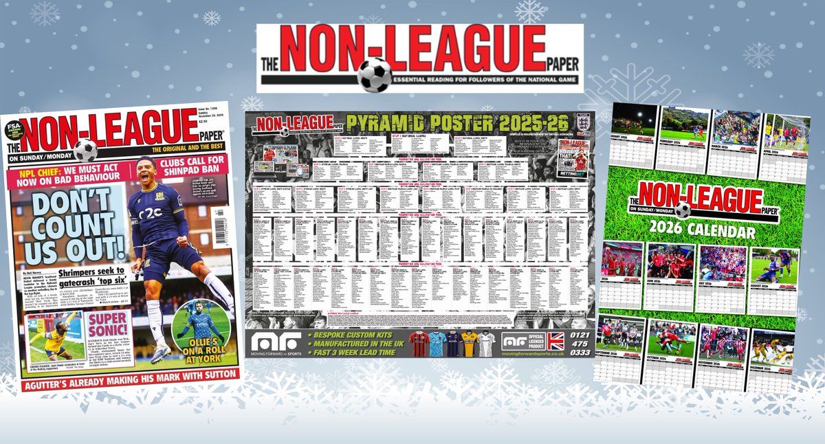 NonLeaguePaper's tweet photo. 🙌Score BIG at Christmas with our HAT-TRICK of #NonLeague offers! ⚽🥅
1️⃣ The STRUCTURE of Non-League: E-I-E-I-O up the… https://t.co/ULkjS4QIOV 🔝⬇️
2️⃣ 2026 CALENDAR: Game on: https://t.co/5kdZSzb0zC 🗓️
3️⃣ WEEKLY SUBSCRIPTION: Never miss a game-changing moment: 
 https://t.co/Ke0QS3h8MP 🗞️

#nonleaguefootball #FootballPassion #groundhopping #soccer #grassrootsfootball #groundhoppers #footballground #footballseason #nonleaguefooty #nationalleague #nonleaguefans #nationalleague #grassroots #localfootball #awaydays #supportyourlocalteam⚽🔥