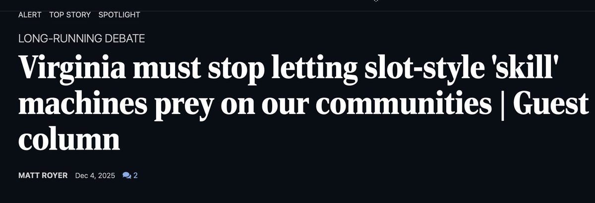 A jury recently found a "skill" slots company liable for the death of a PA store worker, awarding his estate $15.3 million after he was fatally shot by robber targeting "skill" machines. Enforce the Virginia ban <a href="/jonesjay/">Jay Jones</a> <a href="/VSPPIO/">VA State Police</a> 

Great piece <a href="/royermattw/">Matt Royer</a>  richmond.com/opinion/column…