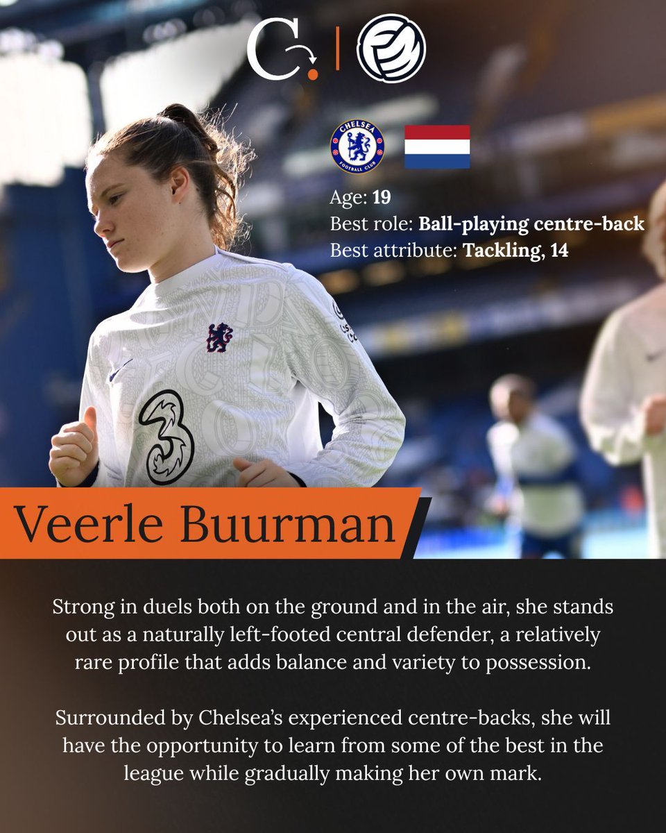 Introducing Veerle Buurman in our BWSL Ones to Watch list with @footballmanager 

Now at Chelsea, she looks poised to establish herself as a key figure, combining solid tackling and tight marking with excellent first touch and passing. Strong in duels both on the ground and in