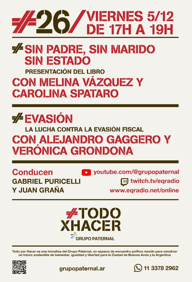 Hoy 17h en #TodoxHacer de #GrupoPaternal estarán <a href="/vazquez_melina/">Melina Vazquez</a> y Carolina Spataro autoras de Sin padre, sin marido, sin Estado.
Luego #Evasión y su "qué hacer", con Alejandro Gaggero y Verónica Grondona.
Por: youtube.com/@grupopaternal
Conducen <a href="/SoyPuri/">Puri</a> y <a href="/JuanMGrana/">Juan M. Graña 🧡💚</a>