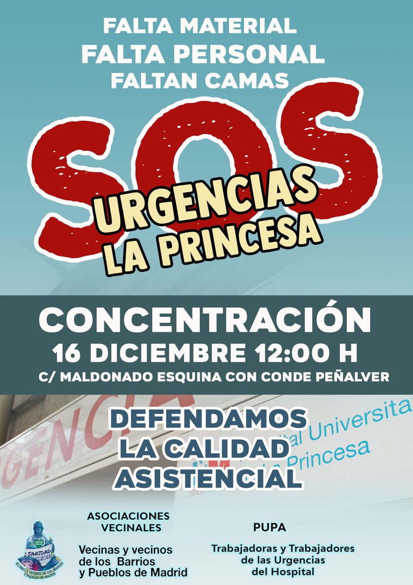 Pacientes y trabajadores del hospital de La Princesa convocan esta concentración contra la falta de camas, personal y material.