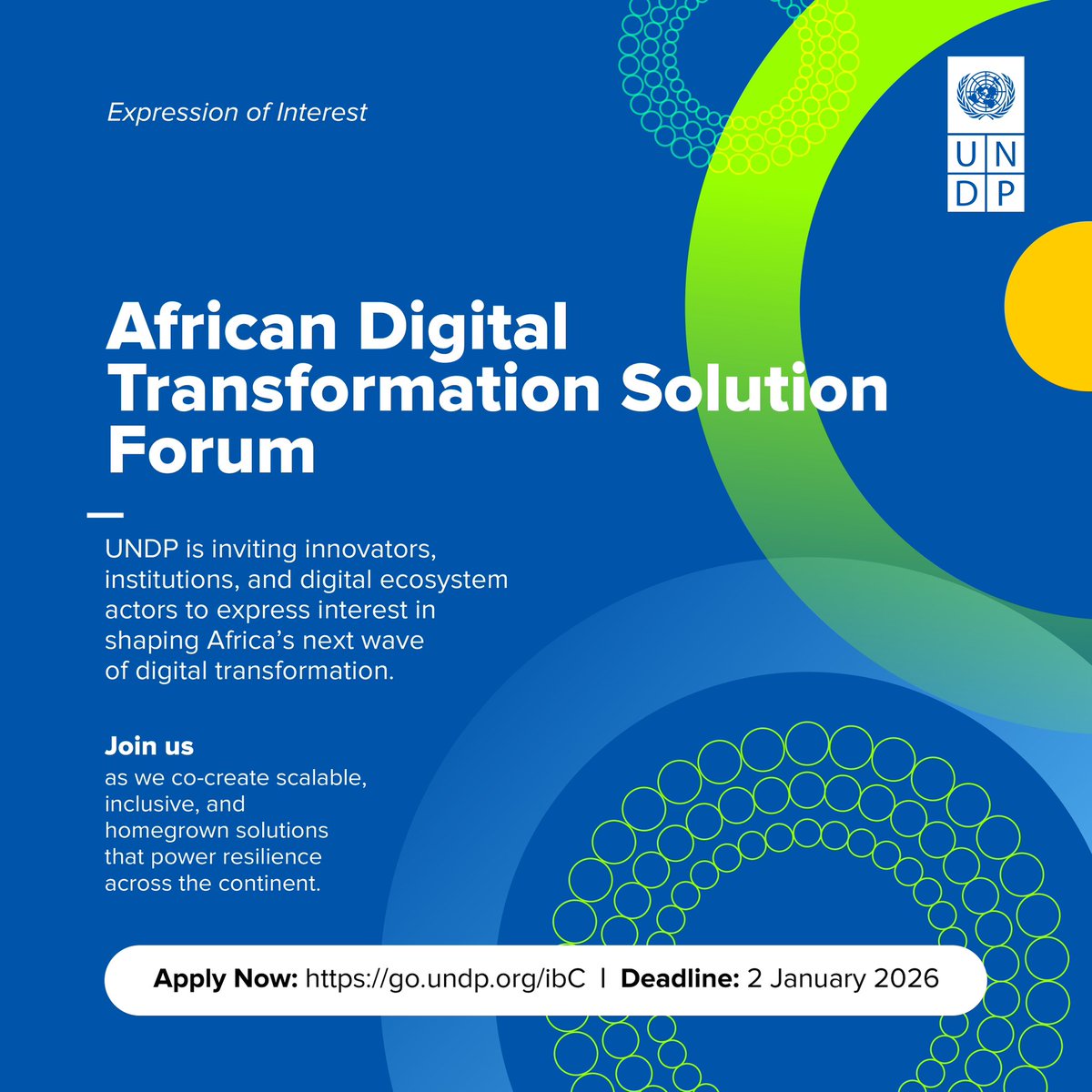 Now open! 🚀

UNDP Resilience Hub for Africa &amp; <a href="/_AfricanUnion/">African Union</a> invite innovators to join the African Digital Transformation Solution Forum—a platform to scale homegrown digital solutions for resilience across Africa.

Deadline: 2 January 2026

Apply here: go.undp.org/ibC