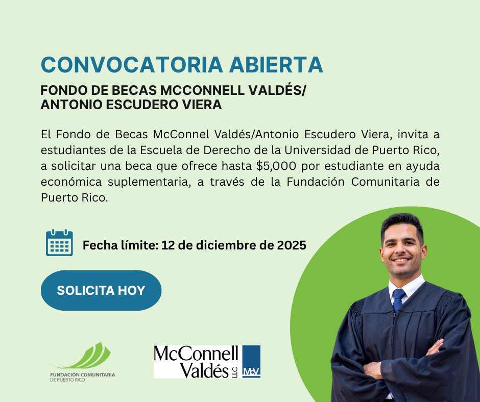 ¡Aún estás a tiempo!

Estudiantes de la <a href="/Derecho_UPR/">Escuela de Derecho</a>  pueden solicitar la Beca McConnell Valdés, que ofrece hasta $5,000 en ayuda económica suplementaria a través de la <a href="/FComunitaria/">FundaciónComunitaria</a>.

🗓 Fecha límite: 12 dic 2025

👉 Solicita: fcpr.org/fondo-mcconnel…