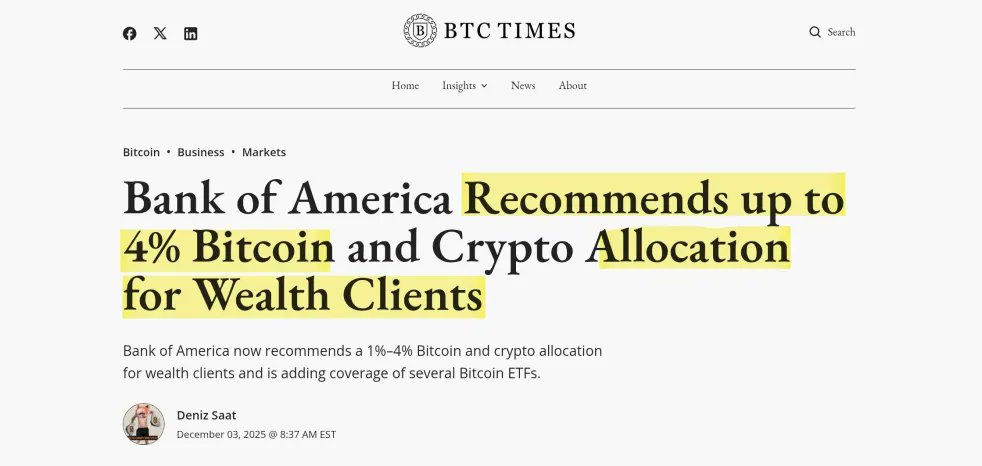 O Bank of America recomenda até 4% em Bitcoin para clientes de alto patrimônio.
Mas se o Bitcoin é proteção contra o dinheiro podre…
Por que só recomendar a quem já tem reserva?
A narrativa é bonita.
Mas quem precisa mesmo de proteção, raramente é convidado pra mesa.